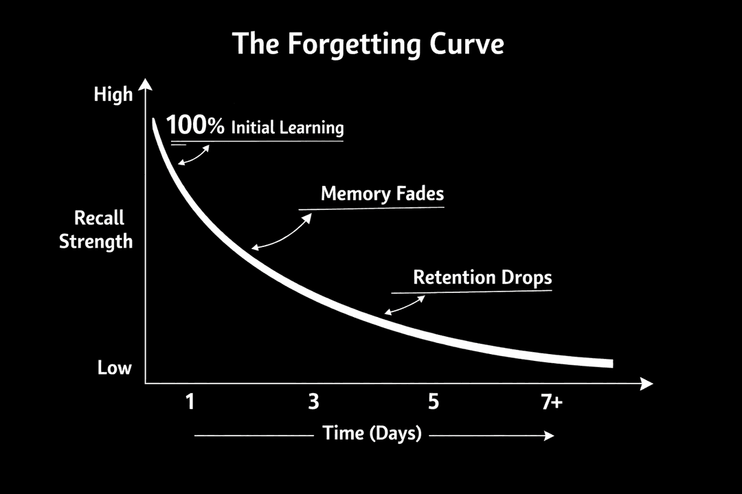 Simple forgetting curve chart showing memory strength dropping over time without retrieval practice.