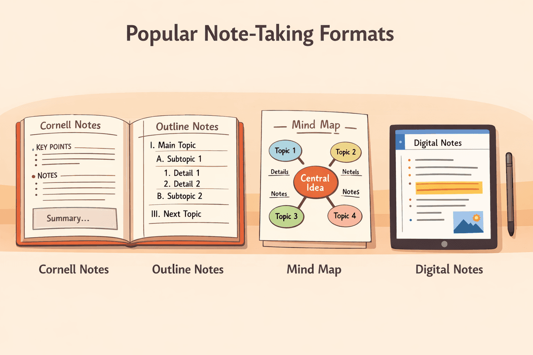 Various note-taking methods comparison showing Cornell notes, mind maps, and digital notes