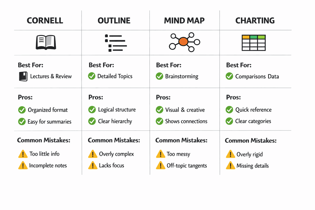 Comparison diagram of Cornell, Outline, Mind Map, and Charting note-taking methods.