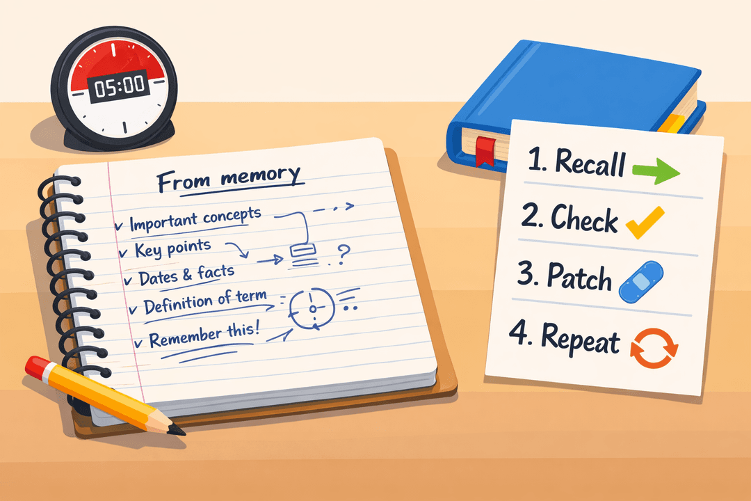 Student blurting notes from memory on a blank page with a checklist and timer.