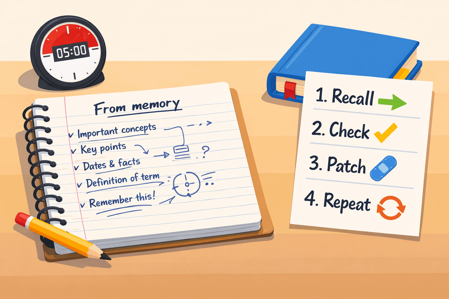 Student blurting notes from memory on a blank page with a checklist and timer.