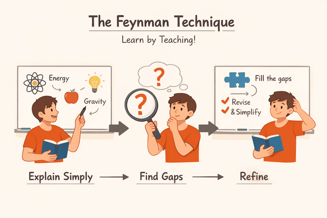 Four-step diagram of the Feynman Technique: choose, teach simply, find gaps, and simplify.