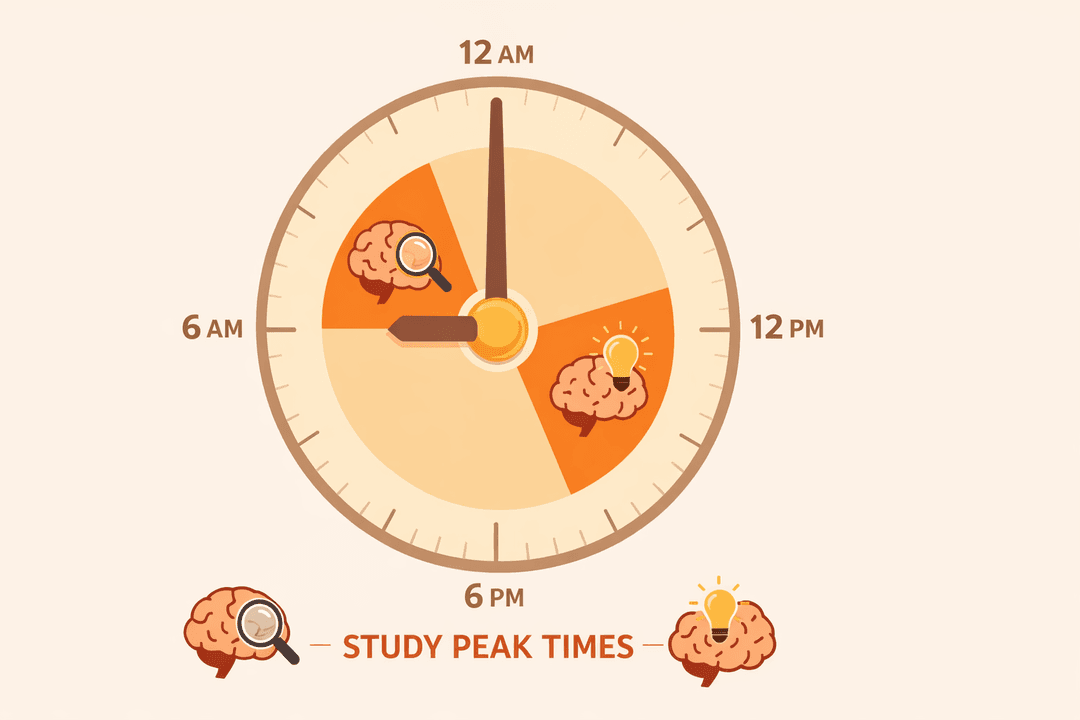 Clock showing optimal study times with brain activity indicators throughout the day