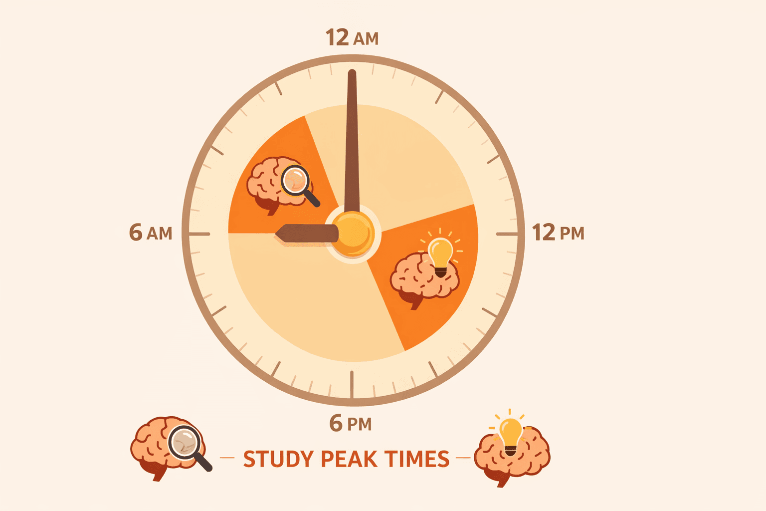 Clock showing optimal study times with brain activity indicators throughout the day