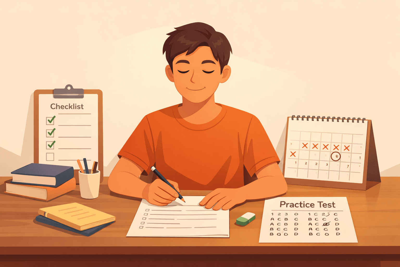 Calm student studying effectively for exams with organized materials and good preparation