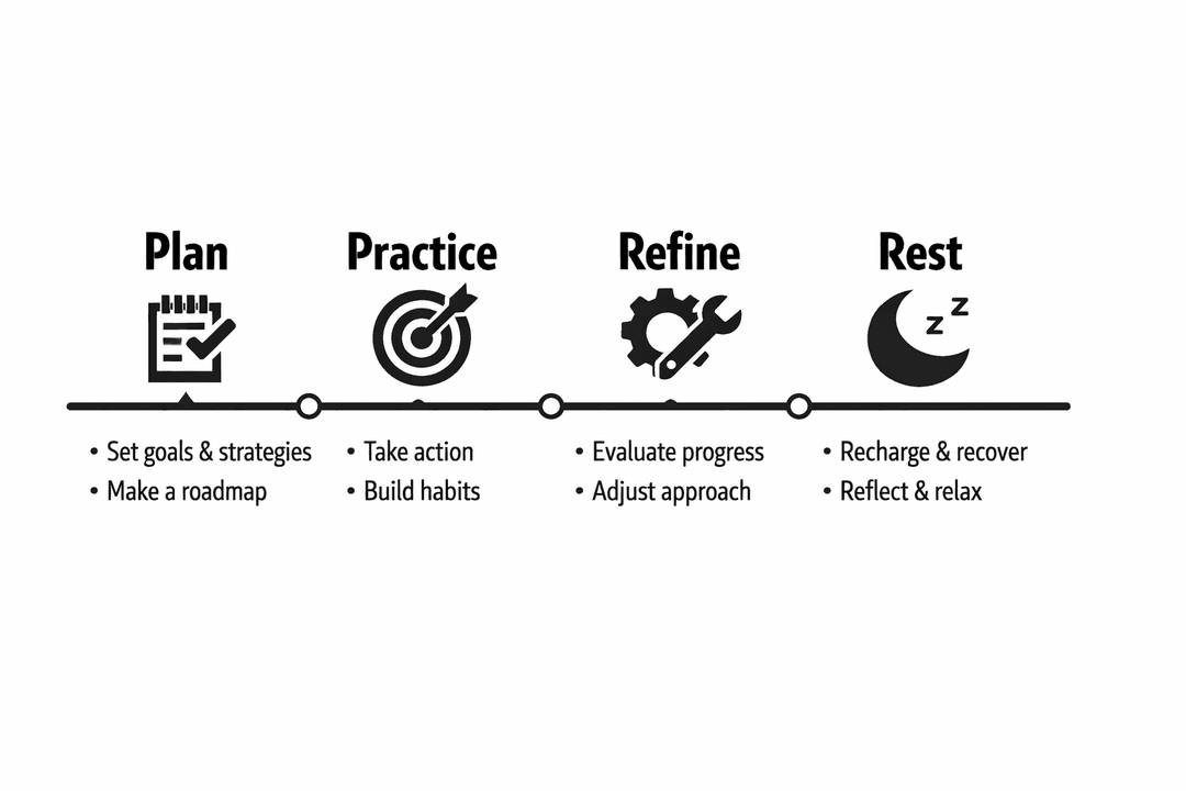 Simple exam preparation timeline: plan, practice, refine, and rest.