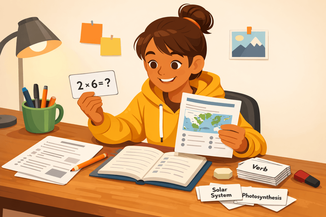 Student switching between different types of practice problems on a desk with notes and a planner.