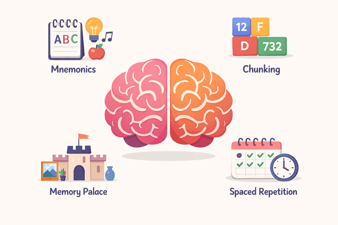 Brain visualization showing various memory techniques and neural connections