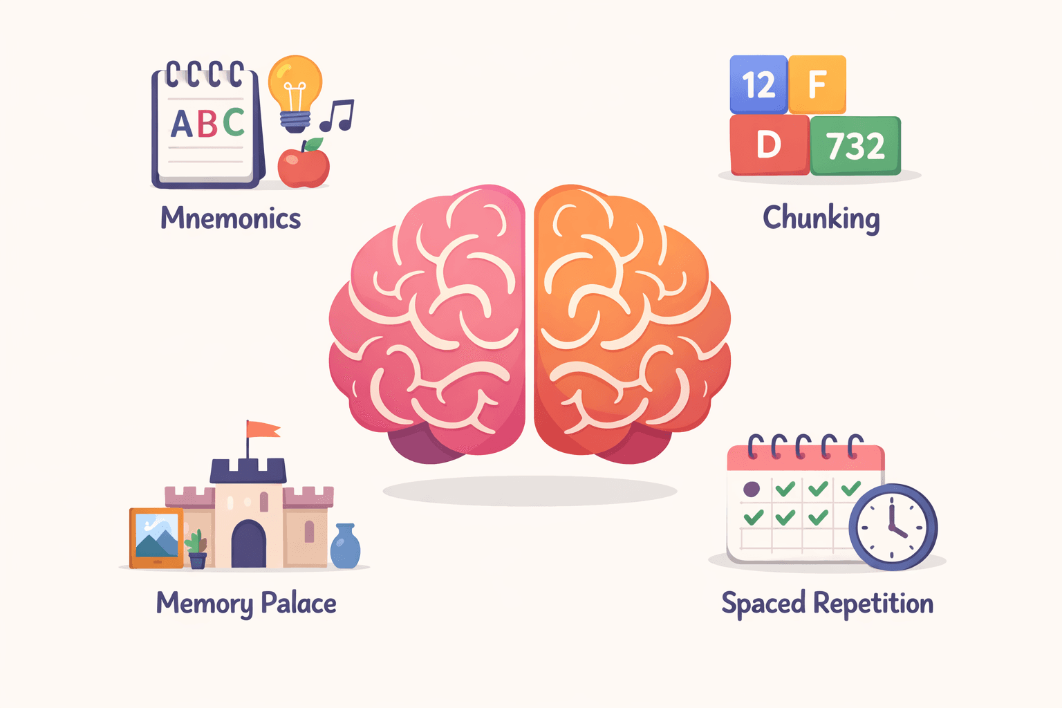 Brain visualization showing various memory techniques and neural connections