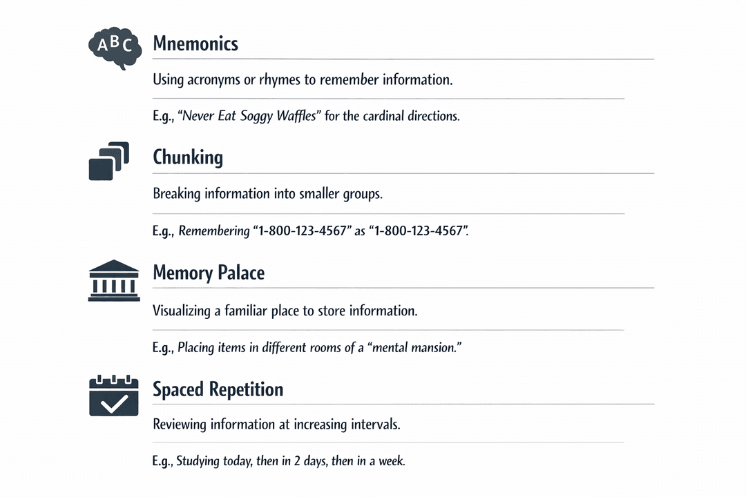 Cheat sheet diagram of mnemonics, chunking, memory palace, and spaced repetition.