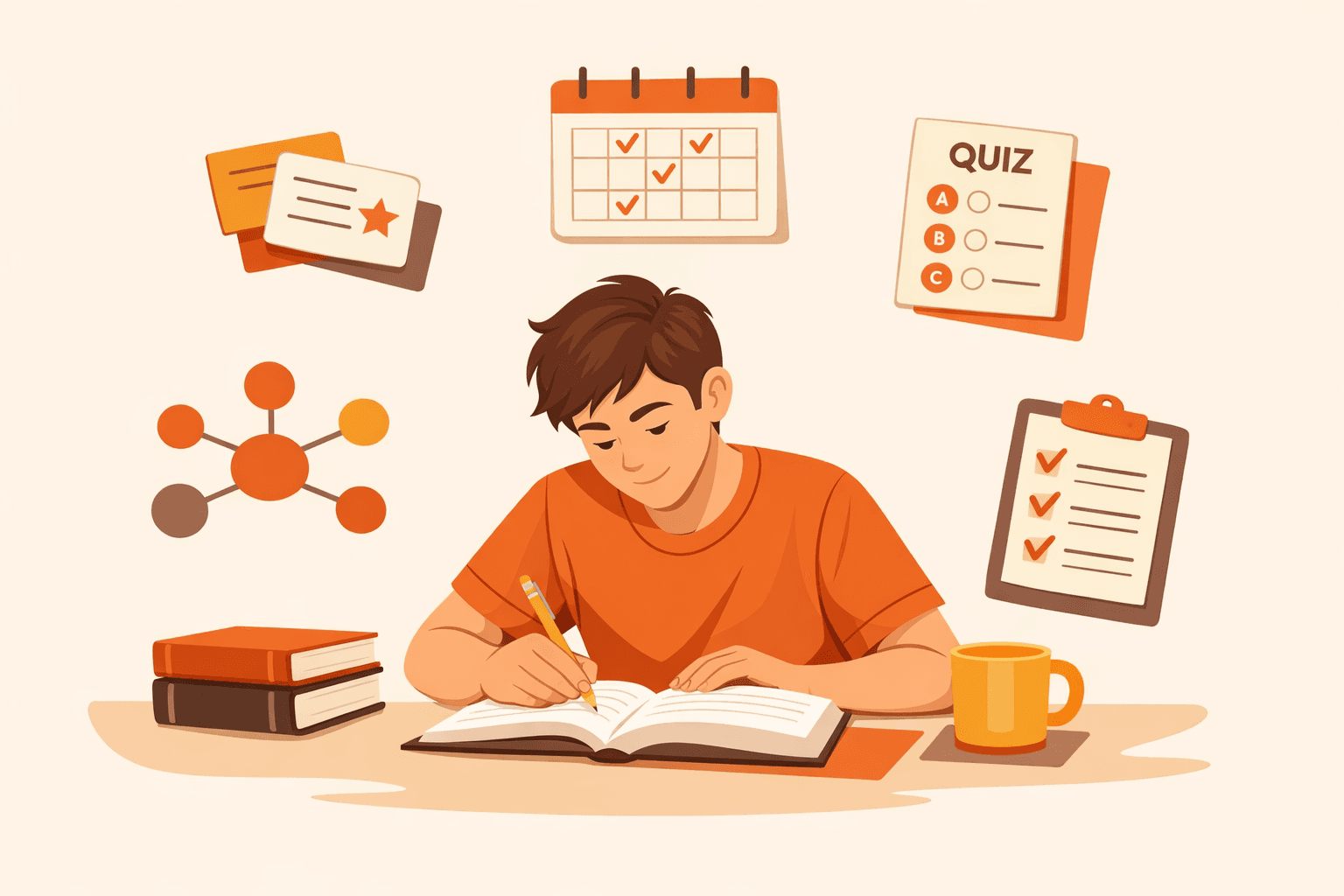 Student surrounded by icons representing various effective study techniques